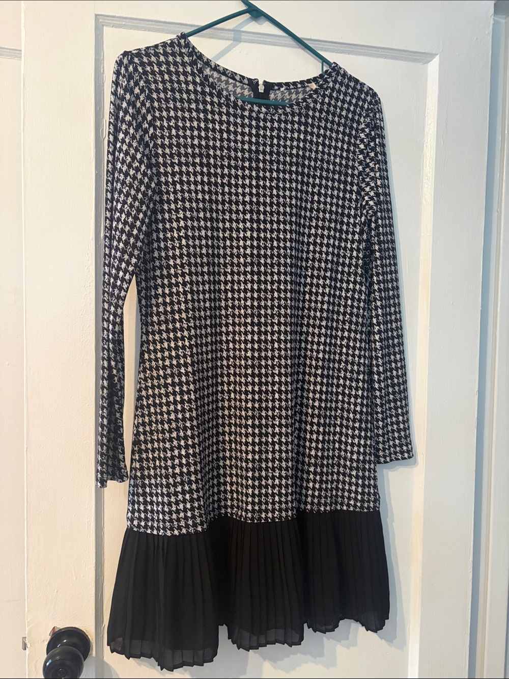 Michael Kors Black & White Houndstooth Dress with Pleated Hem